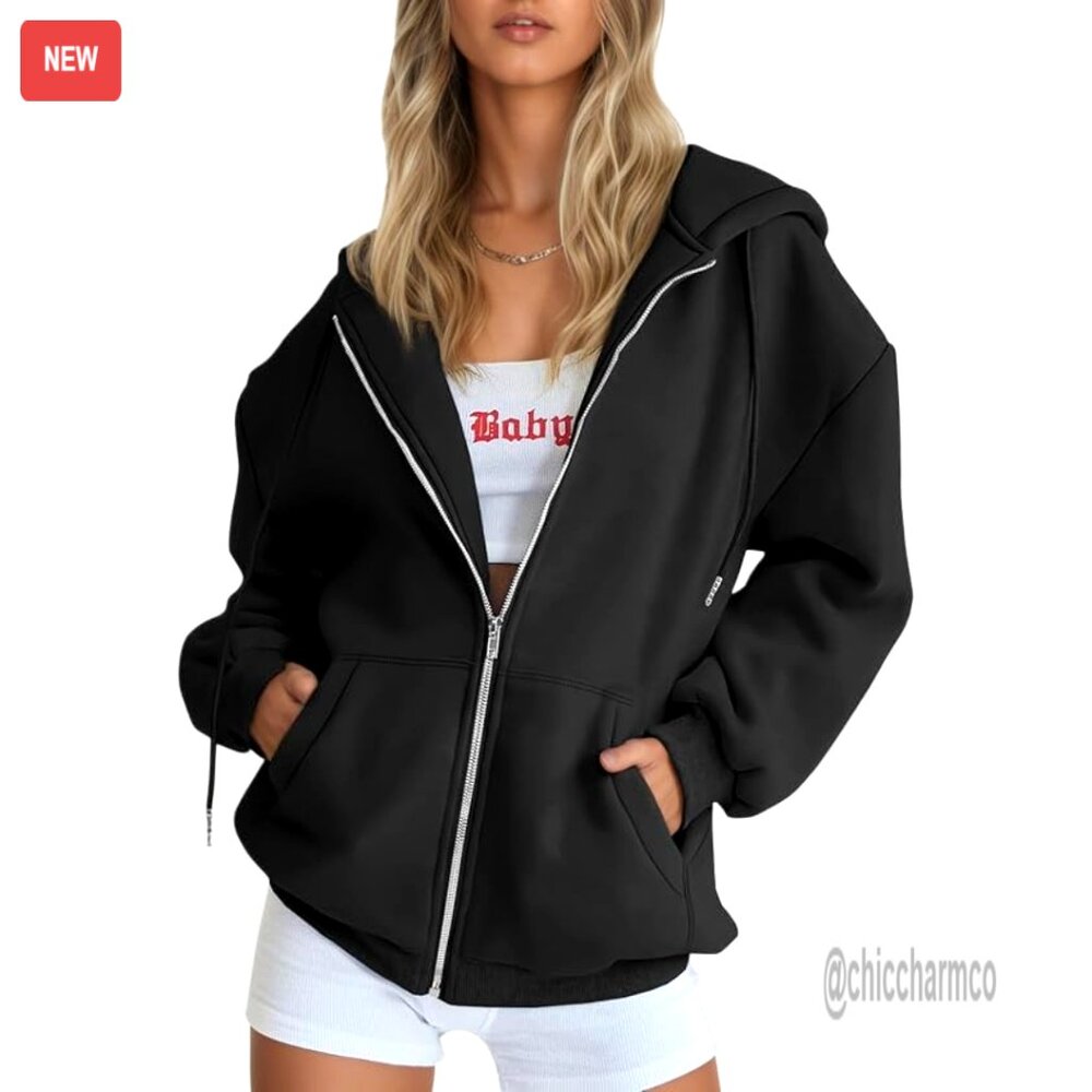 Oversized Zip Up Hoodie Y2K Fleece Jacket Thick Warm Casual Fall Winter
